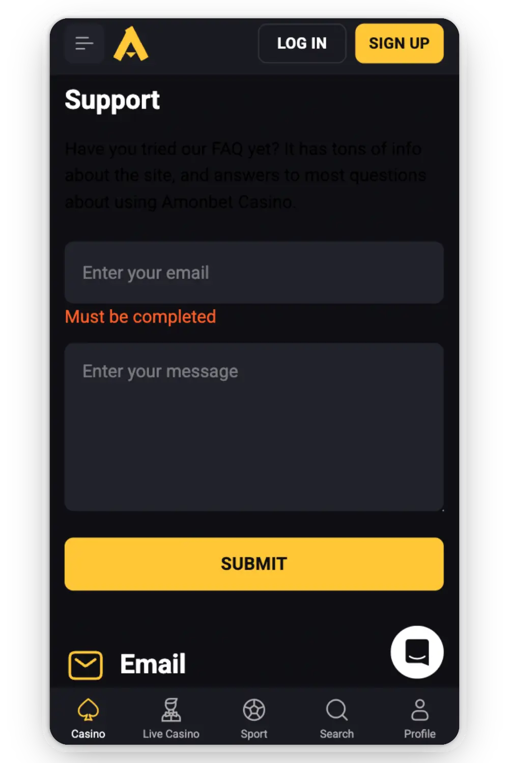 Amonbet Casino Customer Support screen